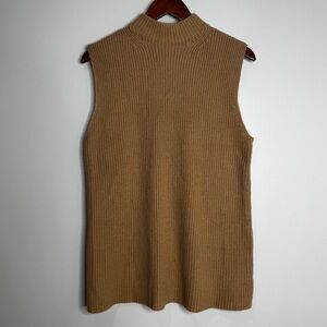 Halston Women’s Camel High Mock Neck Knit Sweater Vest Tunic Minimalist Large